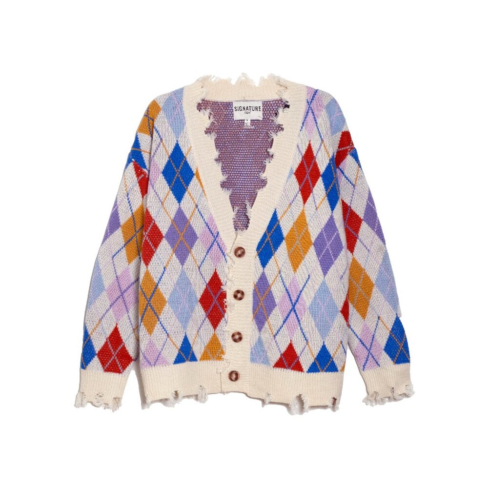 Multi-Color Distressed Argyle Cardigan